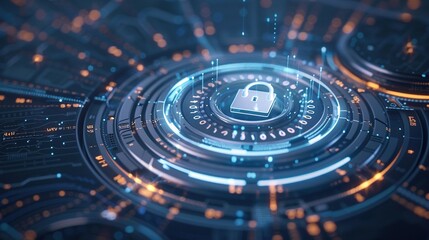 Binary Code and Futuristic Circles on a Blue and White Background: Digital Padlock Illustration for Cybersecurity
