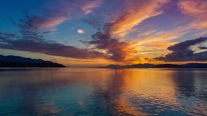 Obraz premium Beautiful sunrise view in the morning by a lake and mountains with sun and clouds in horizon landscape