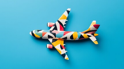 An airplane shaped like a toy with colorful patterns