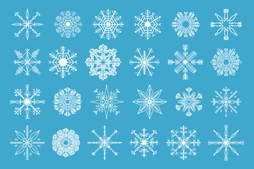 Set white snowflake crystal elegant line christmas decoration on blue background, collection winter ornament frozen element.