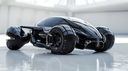 Close-up view of a sleek, futuristic concept car with a black metallic finish. The design is aerodynamic and sleek, emphasizing speed and power. The car is in a studio setting.