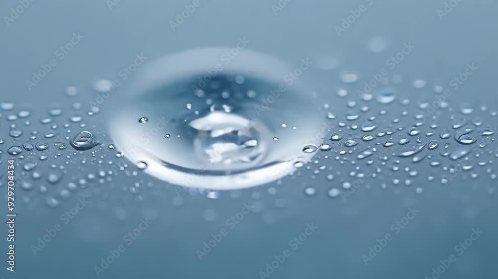 Poster close up of a water drop making a splash with a ripple effect, surrounded by smaller water droplets 