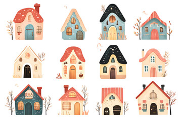 Fototapeta premium Cute adorable tiny houses watercolor collection in pink pastel colors, isolated on a white background 