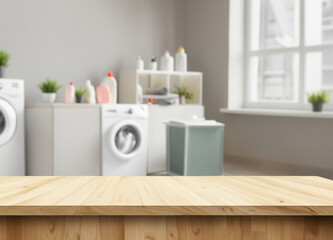Wood table for display products on background of blurred laundry room