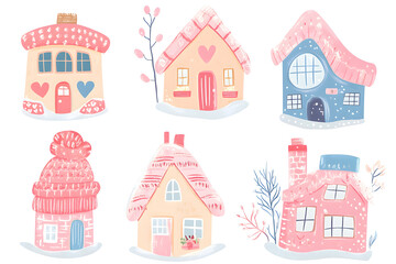 Cute winter tiny houses with warm hat watercolor collection  isolated on a white background	