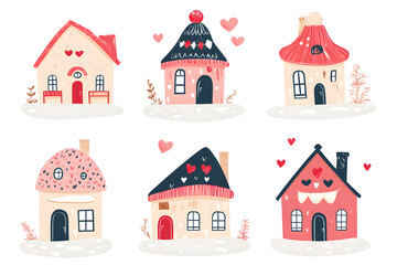 Cute winter tiny houses with warm hat watercolor collection  isolated on a white background	