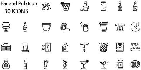 Set of Bar and Pub icons. Line art style icons bundle. vector illustration