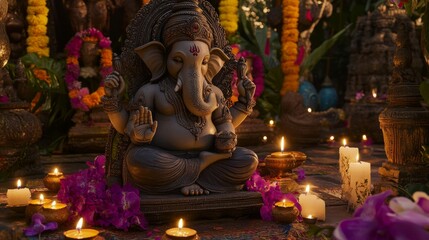 Obraz premium Ganesha Statue Surrounded by Candles and Flowers.