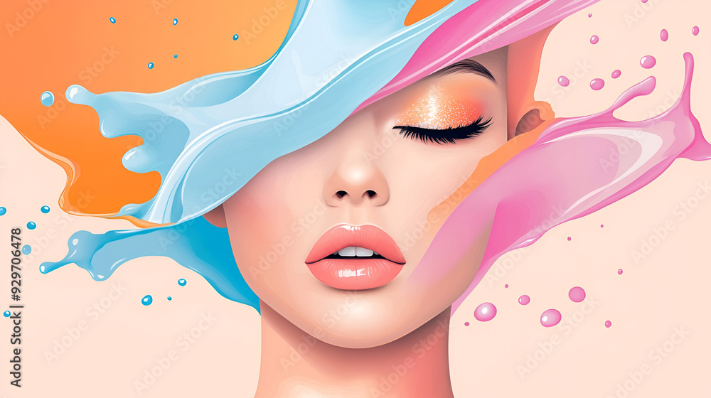 Wall mural Beautiful Woman's Face with Colorful Splashes - Perfect for Beauty, Fashion, and Cosmetic Ads