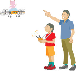 トイドローン操縦を楽しむ父親と子供のイラスト