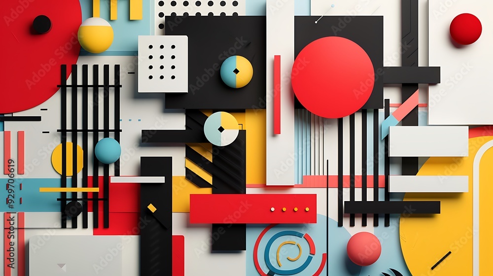 Poster abstract composition featuring geometric shapes and bold colors, creating a dynamic and eye-catching