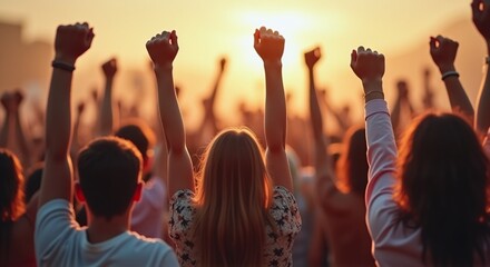 Diverse group of multi-ethnic individuals, fists raised in unity, symbolizing empowerment and activism, suitable for social issues, marketing, education, and inclusivity themes,