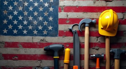 Labor Day celebration, American flag, construction tools, diverse professions, copy space, emotional connection, patriotic, unity, versatility.