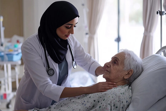 Nurse in Hijab Comforting Elderly Latin American Patient in Realistic Hospital Setting