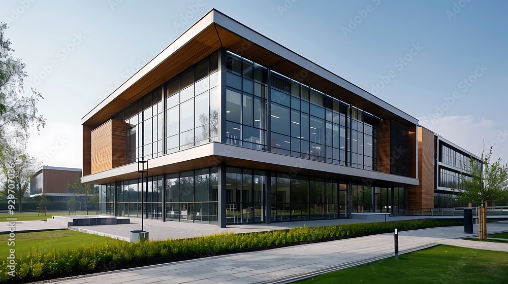 Poster modern office building with glass facade a contemporary design and sleek lines. creating a visually 