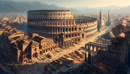 Aerial View of the Colosseum in Rome, Highlighting Italy's Iconic Architecture and Urban Landscape