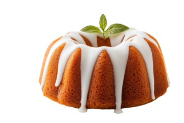 A delicious bundt cake topped with creamy frosting and a fresh leaf, perfect for dessert lovers and baking enthusiasts.