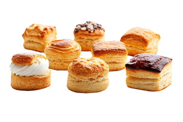 A delightful assortment of freshly baked pastries featuring creamy toppings and golden crusts. Perfect for any sweet occasion.
