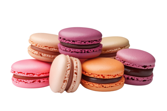 A colorful assortment of delicious macarons stacked together, featuring shades of pink, purple, and orange with creamy fillings. - Powered by Adobe