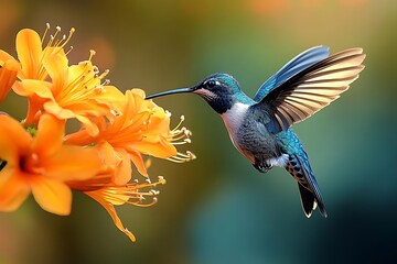 Naklejka premium Hummingbird in Flight, Green and White Plumage, Orange Flower, Nature Photo