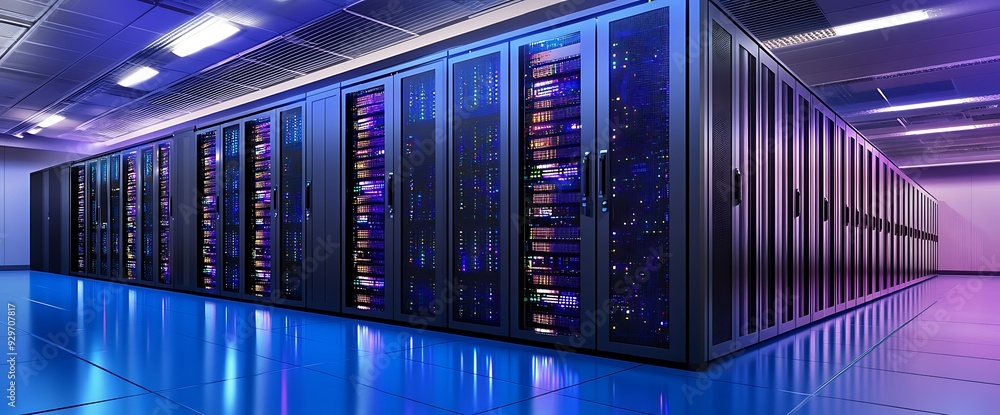 Poster modern server room with rows of illuminated servers and a blue tiled floor.