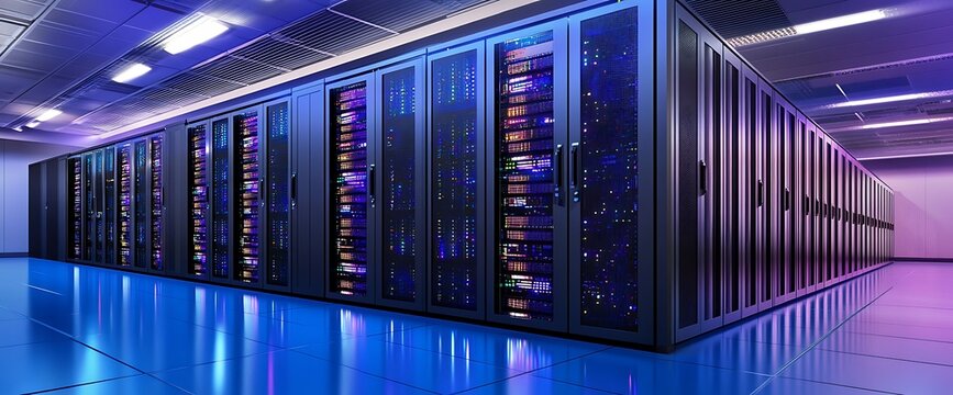 Modern server room with rows of illuminated servers and a blue tiled floor.