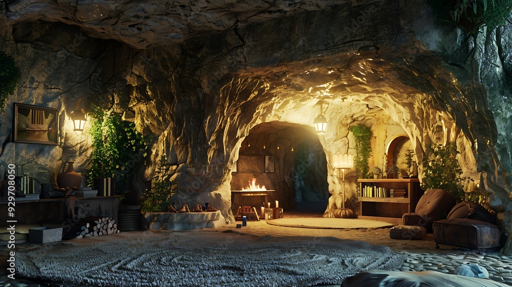 Poster a realistic rendering of a sizable cave room including an organic roof