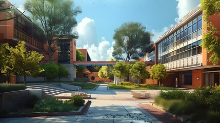 Serene view of a campus courtyard with lush greenery, brick pathways and modern buildings. The sun shines brightly on this tranquil scene.