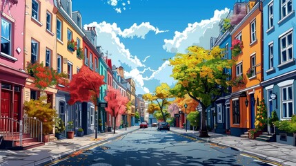 Obraz premium Colorful Row Houses and a Street Scene in Autumn