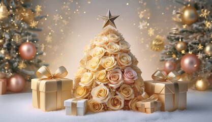 薔薇の花でできたクリスマスツリーと金色とピンクのプレゼントと雪