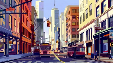 Obraz premium City Street Scene with Two Buses and Tall Buildings