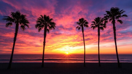Obraz premium A stunning sunset over the ocean with silhouetted palm trees.