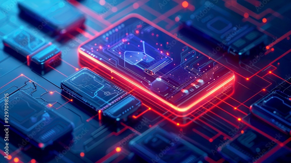 Poster futuristic circuit board with glowing red and blue lines and components