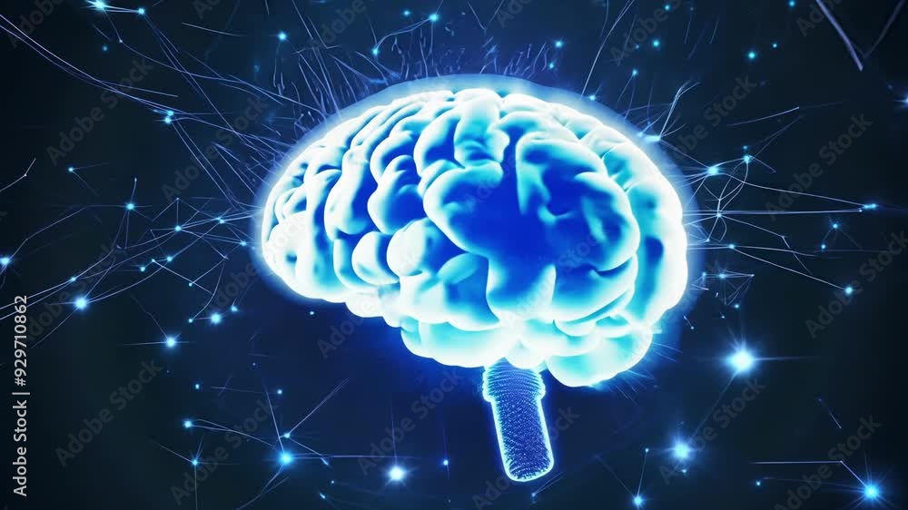 Aufkleber in an endless cycle a spinning blue brain is surrounded by a neverending display of sparkling neuron