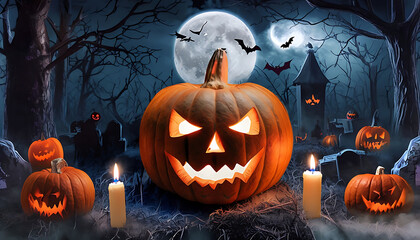 Mysterious graveyard with a moonlit and a Halloween backdrop, spooky death Forest At Halloween Night.