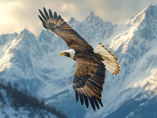 Obraz premium Majestic Bald Eagle Soaring Above Snowy Mountain Range - Photo