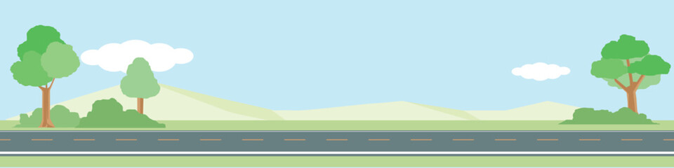 Horizontal or landscape of smooth asphalt road. On the wide grassland. There were grasses and trees growing on both sides. Softw color of mountain and blue sky with white clouds. © thongchainak