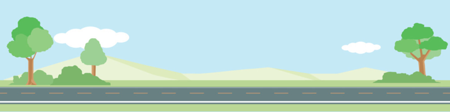 Horizontal or landscape of smooth asphalt road. On the wide grassland. There were grasses and trees growing on both sides. Softw color of mountain and blue sky with white clouds.