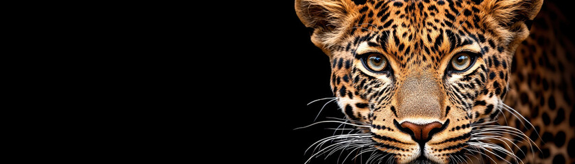 Obraz premium Close-up of a majestic leopard with piercing eyes against a black background, showcasing the beauty and intensity of wild animals.