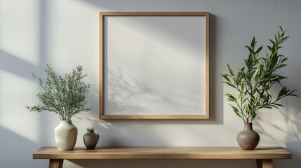 A blank wooden frame, green plants in ceramic vases, and a wooden console table, all bathed in soft natural light in a minimalist interior.