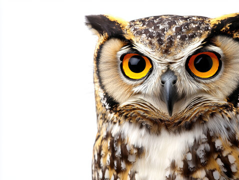 Close-up of a majestic owl with striking yellow eyes and detailed feathers against a white background.