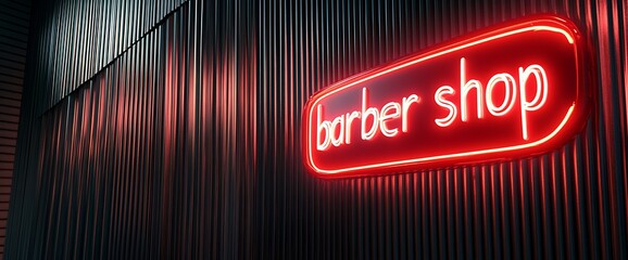 Neon barber shop sign on a corrugated metal wall.