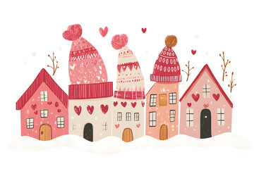 Cute tiny houses with warm winter hat watercolor collection isolated on a white background
