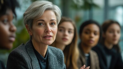 Fototapeta premium Senior businesswoman engaging in a serious discussion with a team of young professionals