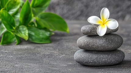 Fototapeta premium A tranquil arrangement of smooth stones topped with a white flower, symbolizing relaxation and harmony with nature.