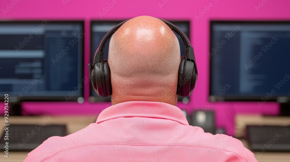 Aufkleber focused individual wearing headphones, programming in a modern workspace with vibrant pink walls and