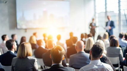 Unfocused Business Presentation Area - Gentle blur effect of a business presentation area with attendees.
