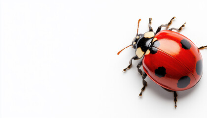 Close-up of a vibrant red ladybug with black spots on a white background, highlighting its intricate details and vivid colors.
