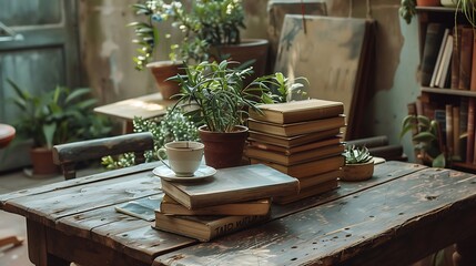 A rustic table with a coffee cup on top next to a pile of novels and plants in pots