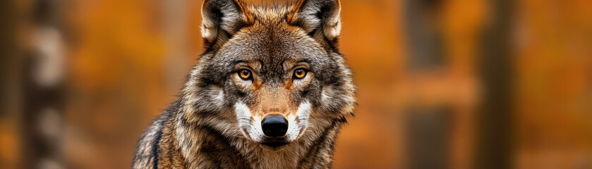Fototapeta premium Close-up of a wolf with intense gaze standing in a forest with autumn colors, showcasing its natural beauty and wild presence.